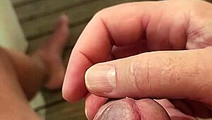 Extremely aroused guy almost finishes on mobile home terrace at campsite.