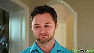 Man, this busty teen masseuse gets her client ready for nuru massage in the shower! 💦