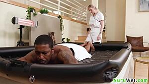 Blonde masseuse Kenzie Taylor fucks black client Isiah Maxwell's huge dick