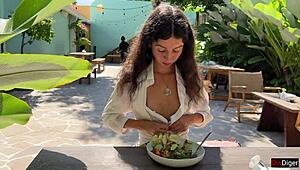 cum on a girl’s face in a public cafe. she eats lunch with cum dripping!