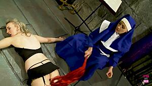Hey, watch this possessed blonde lick a perverted nun's tight pussy in wild cosplay!