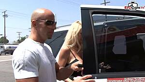 A blonde milf with fake tits gets picked up and receives a cumshot in her mouth