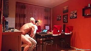 wild oral sex in kitchen with couple