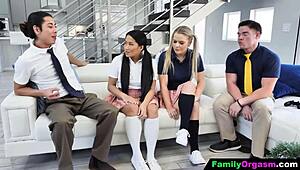 FamilyOrgasm - Brothers Bribe Schoolgirl Stepsisters with Cash for Hardcore Asian Orgy.
