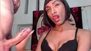 hey, watch this stunning ebony tranny deepthroat her man