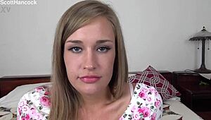 April Brookes cute 19 yo blonde gives pov blowjob with messy facial