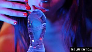 Watch her fucking her tight asshole with a huge ice dildo