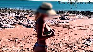 wifey flashing her big tits at the beach in sexy bikini