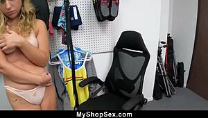 Busty teen Lexi Grey, caught shoplifting, begs store guard for mercy