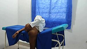 horny nurse touches herself in office before seducing patient for sex