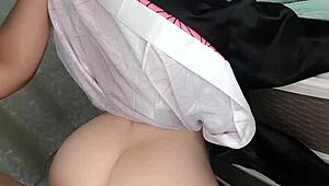 Horny Stepfather Lifts Nezukos Skirt and Drills Her Tight Anus