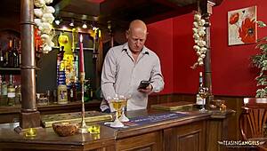 Oh wow, the lusty brunette sucks the horny bartender's big cock in the empty bar!