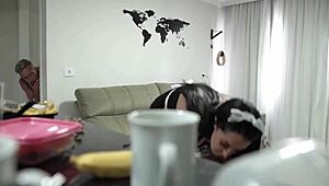 During casting, the amateur milf maid unexpectedly flashes her sexy body and big cock.