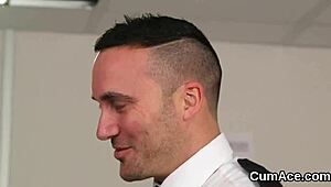 spicy babe feels the thrill of cumshots and bukkake on her face, swapping every drop