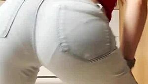 Petite Blonde Striptease In Tight Jeans