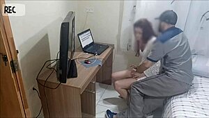 Redhead in uniform receives horny maintenance guy alone at home, hidden camera