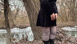 Mother-in-law flashes big panties in white pantyhose. She pees outdoors in public with huge ass.