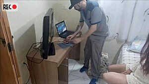 Redhead in uniform receives horny maintenance guy alone at home, hidden camera