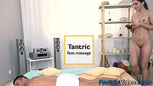 Teen passionately gives footjob and sucks with intense emotion