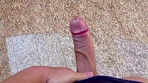 Amateur Flashing Huge Cock for Handjob in Garage