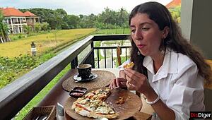 Yo, she’s walking with cum on her face in a cafe!