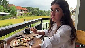 Yo, she’s walking with cum on her face in a cafe!