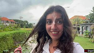 Yo, she’s walking with cum on her face in a cafe!