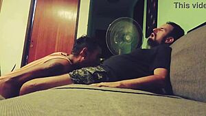 Relaxing my tired macho with a special blowjob on the sofa?