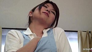 cheeky guy tricks petite asian maid into a wild creampie ride.