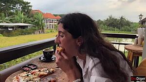 Yo, she’s walking with cum on her face in a cafe!