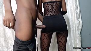 18y old ebony teen fucked hard in fishnet, skirt up, tight pussy slammed