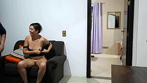 Dude, cuckold showers while wife cheats with brother on couch! 🚿