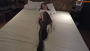 cute teen angie in miniskirt and pantyhose gets ass fucked on bed
