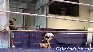skinny lesbians fight hard and dominate in a gritty boxing ring
