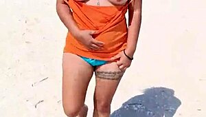 Mexican Whore Flashes Thong and Tits on Public Beach