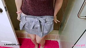 sweet teen brunette gets cozy on sofa after steamy shower