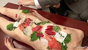 Business meeting in Japan turns wild with naked teen sushi and uncensored gangbang creampies