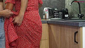 Casual-Narrative hubby films banging his mature wife bent over in kitchen wearing tight pantyhose.