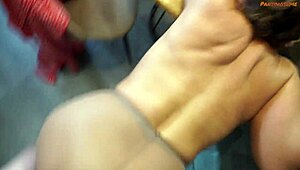 Casual-Narrative hubby films banging his mature wife bent over in kitchen wearing tight pantyhose.