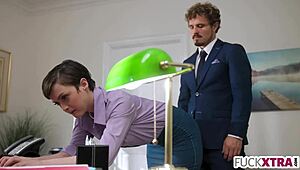 So, how does this petite secretary handle the new boss's deepthroat demands?