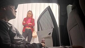 Risky street handjob for student at bus stop, wow