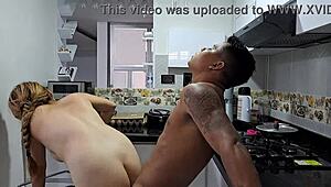 Puta rubia latina sucks cock in kitchen part 2 and takes cum on ass