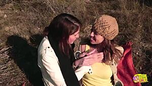 Two Brunette Friends Turn Outdoor Picnic Into Intense Lesbian Strapon Fucking With Orgasms