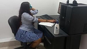 Feeling the heat while studying computer classes in scantily clad uniform, my big natural tits exposed and hot body aching for attention