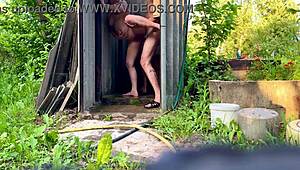 I fucked a pregnant woman in the shower, her big tits bouncing wild outdoors