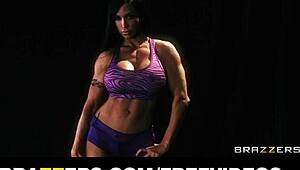 four busty fitness babes slowly strip and join a wild group session with huge cocks