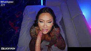 Busty Asian Babe Connie Perignon Bends Over for Hard Riding and Receives Warm Facial Cumshot