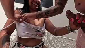 Wife in tight clothes cleans house and receives cum in mouth