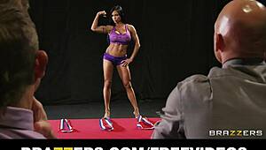 four busty fitness babes slowly strip and join a wild group session with huge cocks