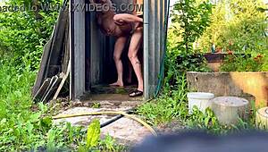 I fucked a pregnant woman in the shower, her big tits bouncing wild outdoors